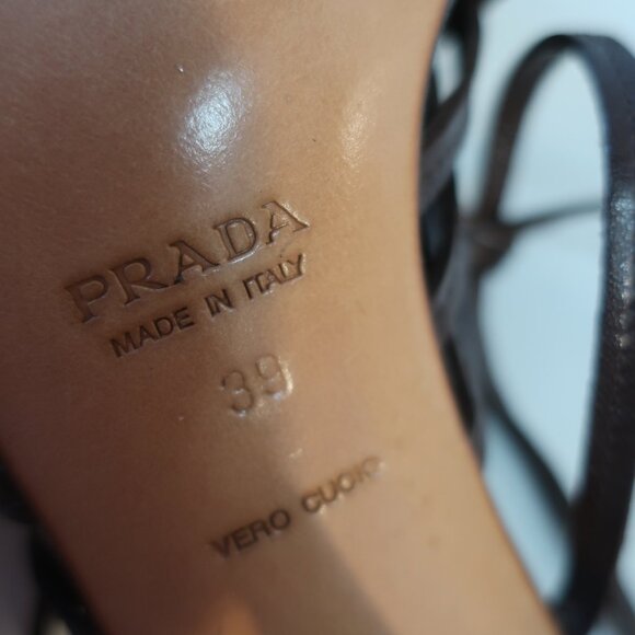 NWOB Womens Prada Brown Caged Strap Leather Cone Heel Slingback Pumps 39 US/9 - Picture 9 of 11